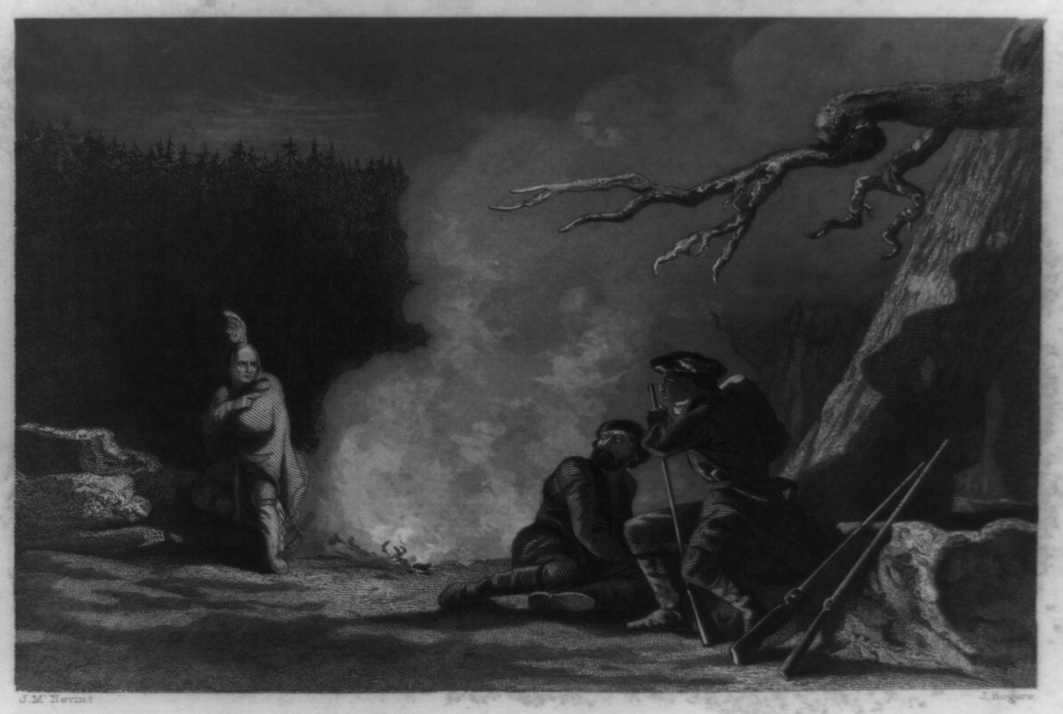 A native American man waits on one side of a campfire while white trappers cower on the other.
